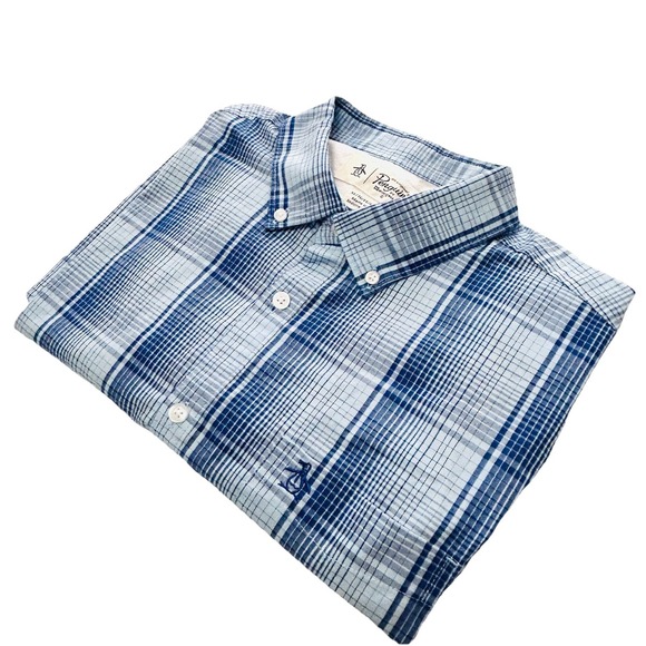 Penguin by Munsingwear Blue XL Classic Fit Shirt Button Plaid Vintage - Picture 7 of 7